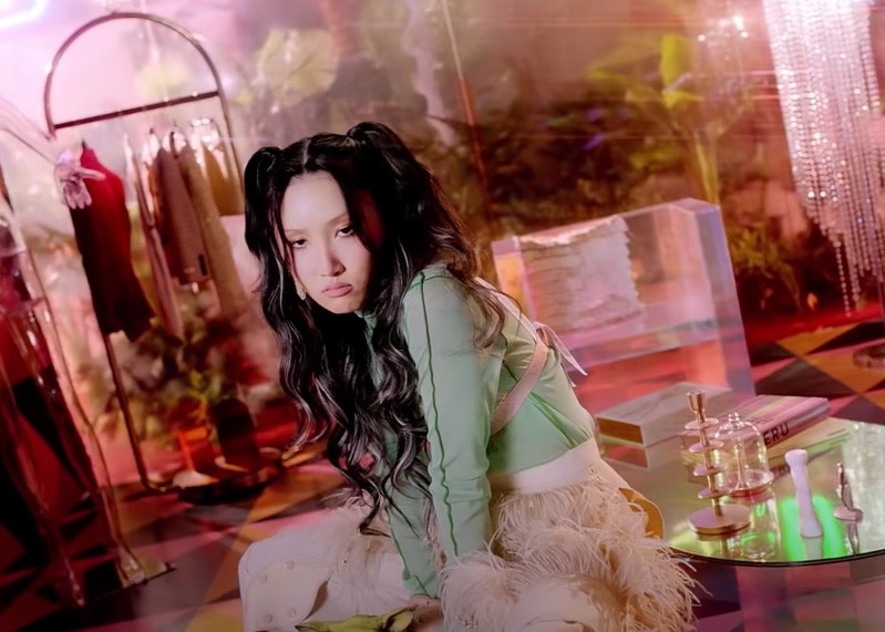 Hwasa's Look 1 Hwasa looked great in bold colors and layers featuring this Helmut Lang semi-sheer blouse styled with this Gucci GG embroidered lingerie.