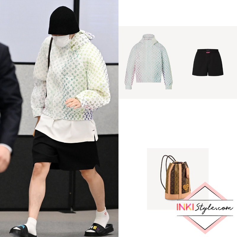 BTS Jin airport fashion from March 28, 2022 : Louis Vuitton jacket and more  - THEKRAD
